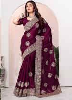 Crepe Silk Wine Wedding Wear Zarkan Work Saree